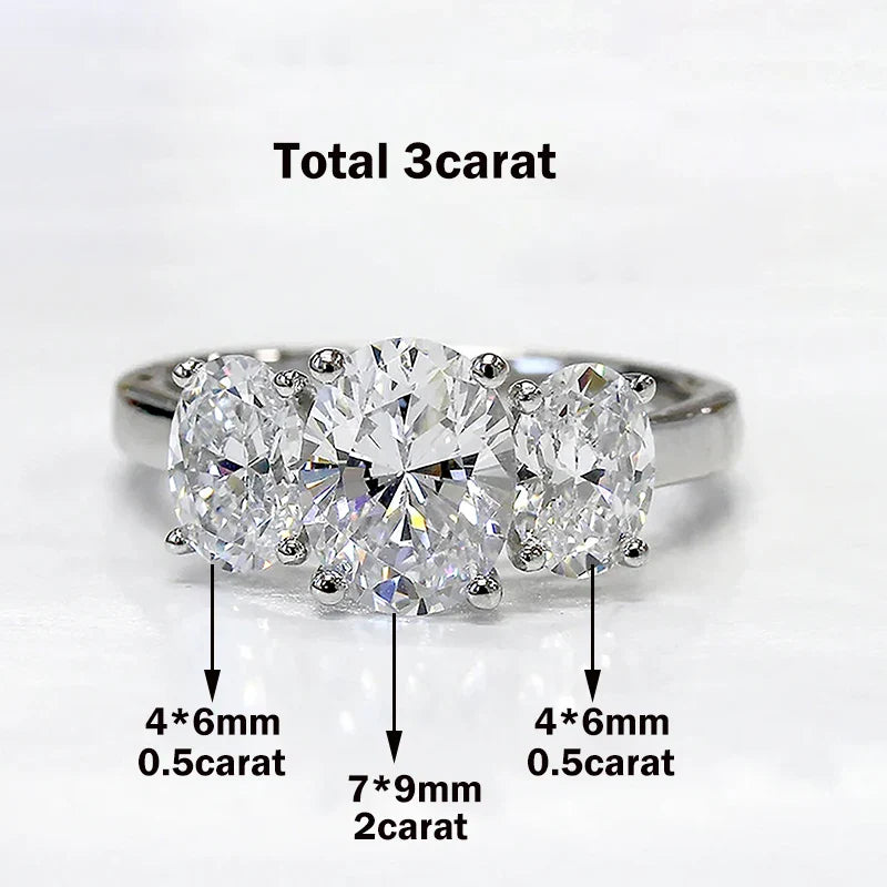 Certified 3/6cttw Real Moissanite 3-Stone Oval Engagement Ring — 925 Sterling Silver Wedding Band for Women