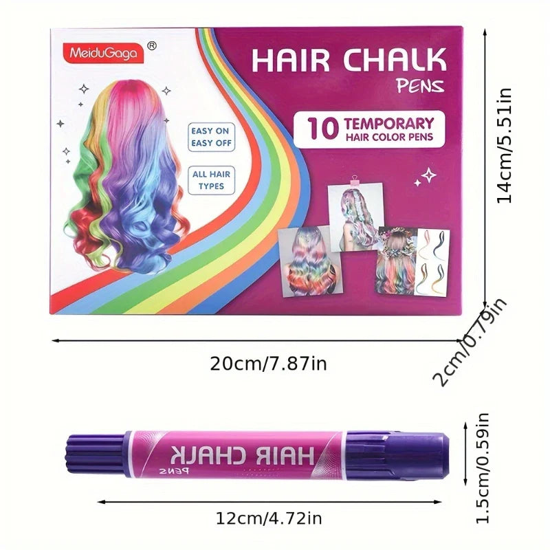 10-Piece Hair Chalk Pen Set – Temporary Washable Non-Toxic Hair Color for Festivals, Halloween & Parties