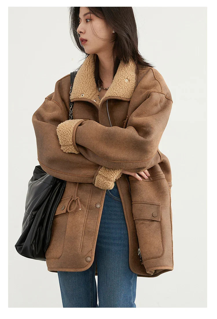CHIC VEN Women's Reversible Jacket – Thick Suede, Motorcycle Style, Loose Fit Winter & Autumn Outerwear 2023