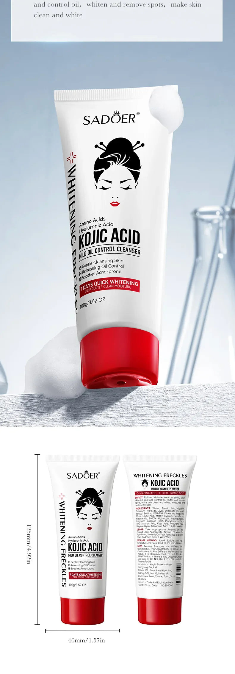SADOER Kojic Acid Facial Cleanser – Moisturizing & Brightening Face Wash Foam for Skincare