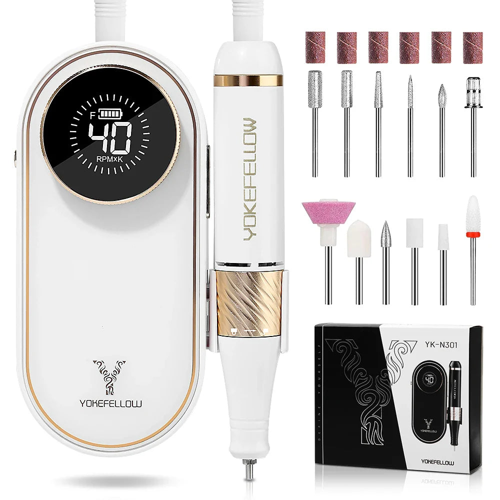 YOKEFELLOW Professional Nail Drill – 40000RPM Rechargeable Electric Nail E-File, Cordless for Acrylic & Gel Nails