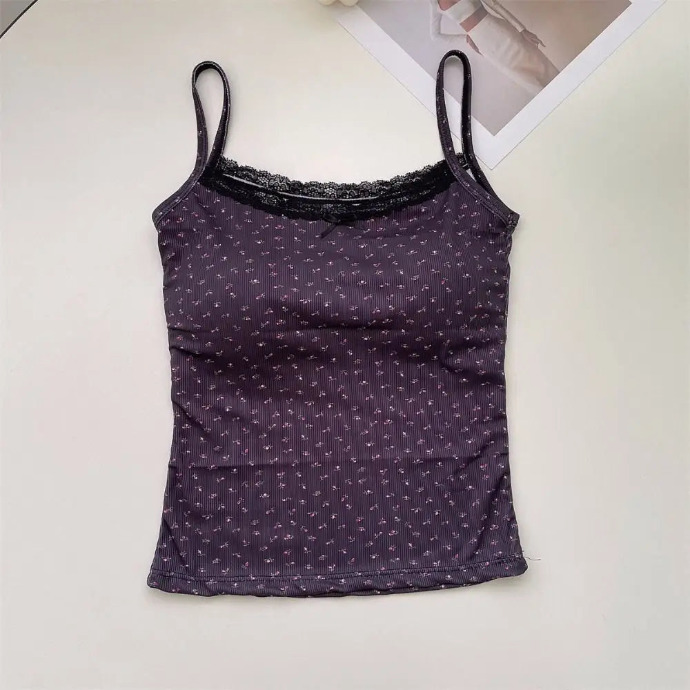 Women’s Y2K Floral Lace Camisole Top – Slim Fit Sexy Sleeveless Tank for Spring 2024