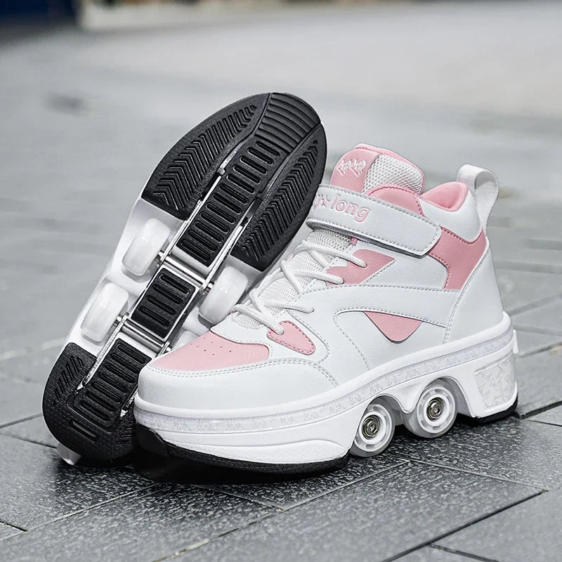 Women's High-Top 4-Wheel Roller Shoes – Fashionable Unisex Pop-Up Sneakers with Wheels, Dual-Purpose Skating & Casual Shoes