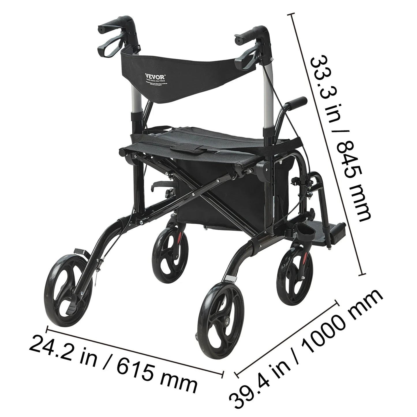 VEVOR 2-in-1 Rollator Walker & Transport Chair – Folding Aluminum Mobility Walker and Wheelchair Combo for Seniors
