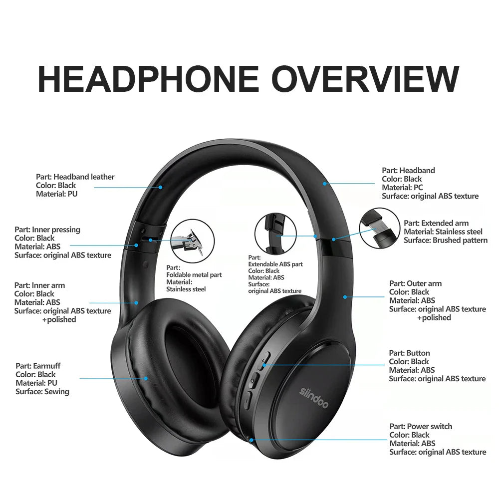 Siindoo JH-919 Wireless Bluetooth Headphones - Foldable Stereo Earphones with Super Bass, Noise Reduction, and Mic for iPhone, Laptop, PC, TV