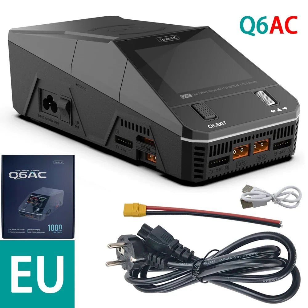 ToolkitRC Q6AC Charger — AC 400W/DC 1000W 4CH with USB A/Type-C, LiPo 1-6S, NiMH 1-16S, PB 1-10S, IPS Display