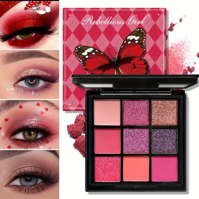 9-Grid Red Eyeshadow Palette – Purple Glitter, Pearlescent Matte & Shimmer Long-Lasting Eye Makeup for Women