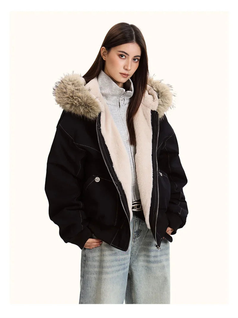 ZAROY Y2K Fur Collar Hooded Parka – Thick Padded Gothic Winter Jacket Streetwear for Men & Women
