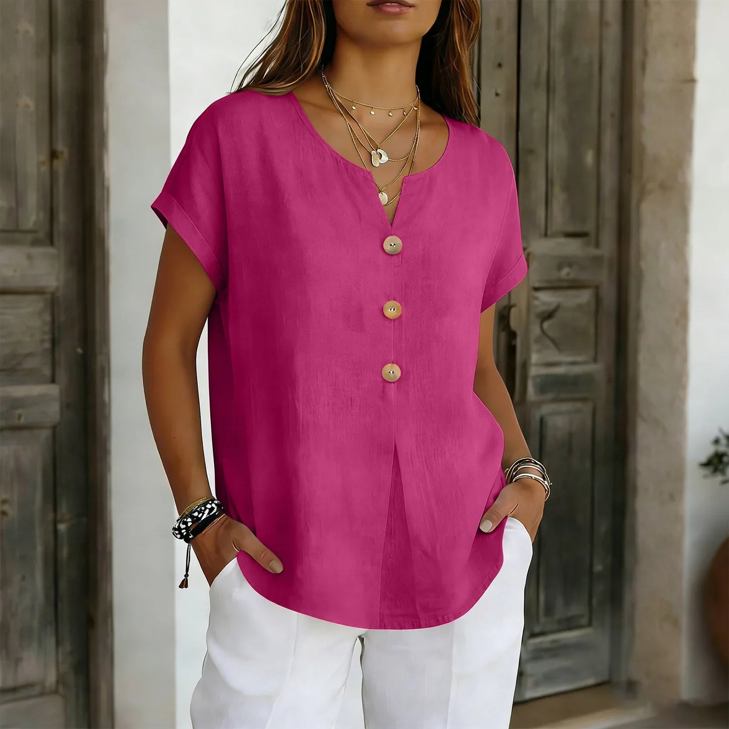 Women’s 2026 Summer Cotton Linen V-Neck Blouse – Solid Color Short Sleeve Loose Button Casual Plus Size Shirt