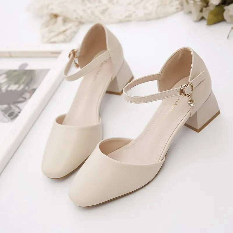 Women’s Elegant White Pearl Buckle Pumps — Square Heel Office & Leisure Shoes