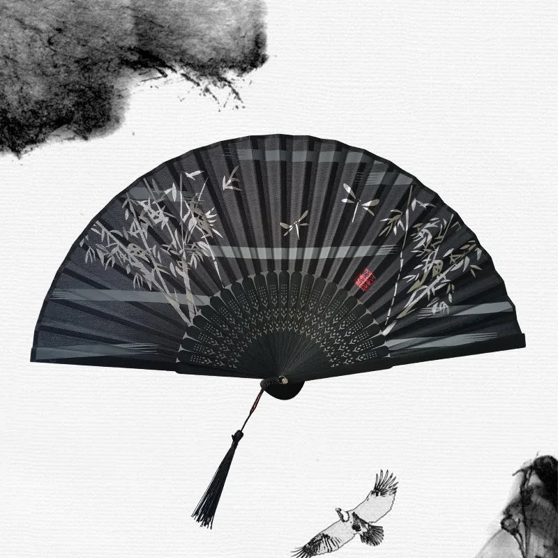 Bamboo Folding Fan with Silk — Chinese & Japanese Style Handheld Fan, Antique Art Craft for Summer Dance, Home Decor & Party