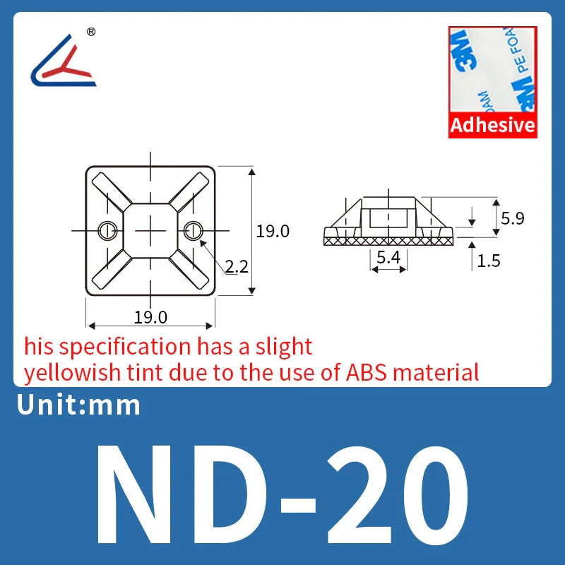 ND 20/50/100PCS Self-Adhesive Cable Tie Mounts – Zip Wire Tie Holder with Screw Hole Base