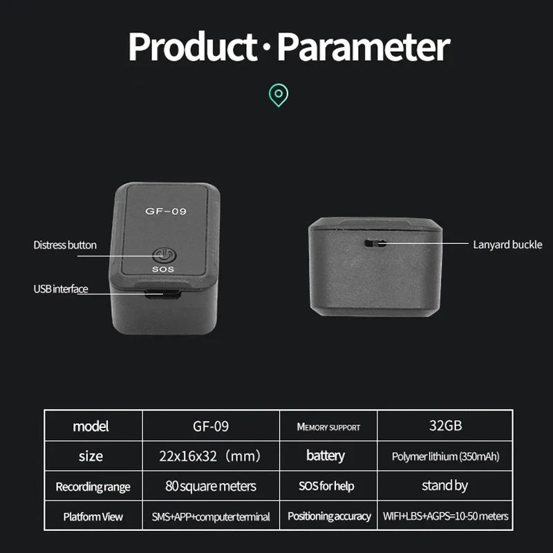 GF09 Mini GPS Tracker — Real-Time Car Locator with Voice Recording, Anti-Lost Positioner for Children, Pets & Dogs