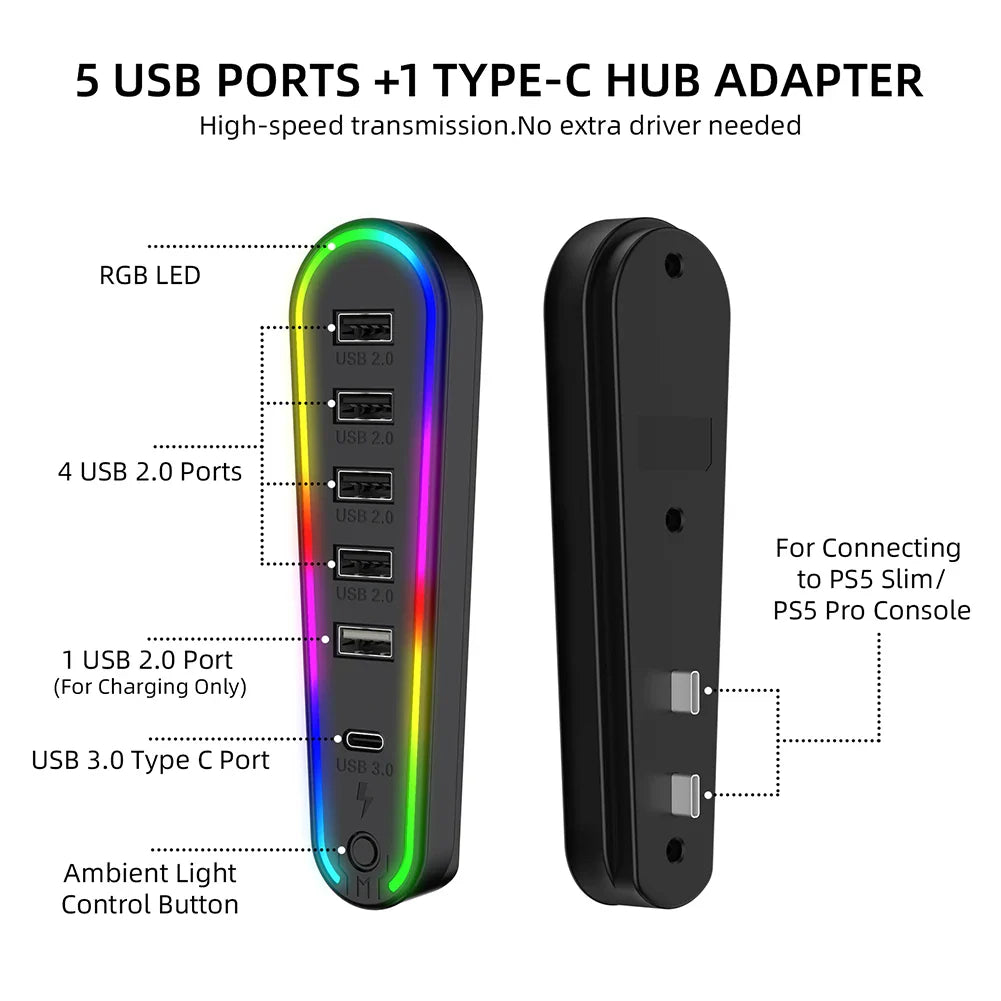PS5 Slim/Pro 6-in-1 USB Hub Splitter – Controller Charging Expansion Adapter with 5 RGB Lights (JYS-P5231) for PlayStation 5 Accessories