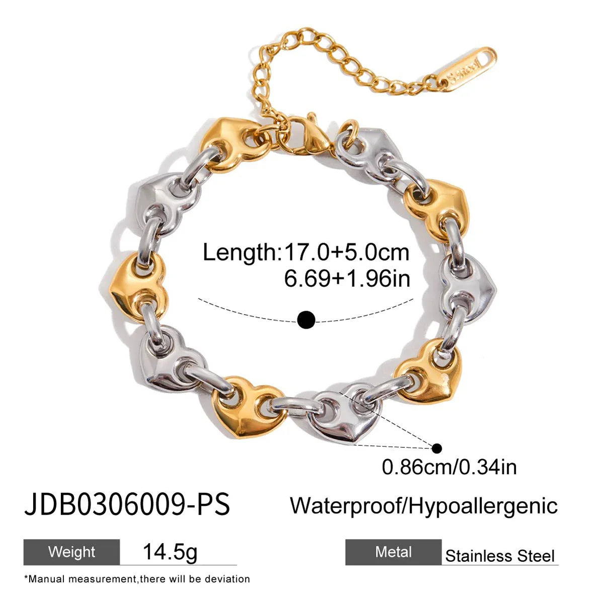 Minimalist 18K Gold Plated Stainless Steel Heart Button Bracelet – Two-Tone Stackable Round Charm Jewelry for Women