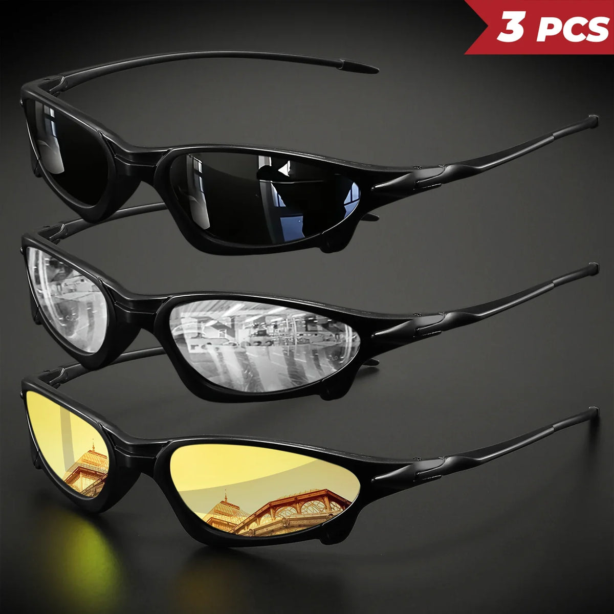 3PCS Futuristic Sports Sunglasses Set – Small Frame Wraparound UV400 Eyewear | Colorful Cycling, Fishing & Travel Protective Outdoor Sunglasses