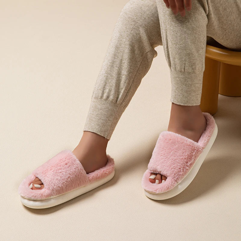 Women’s White Fluffy Slippers – Thick-Soled Winter Soft Faux Fur Cotton Indoor Anti-Slip House Slides