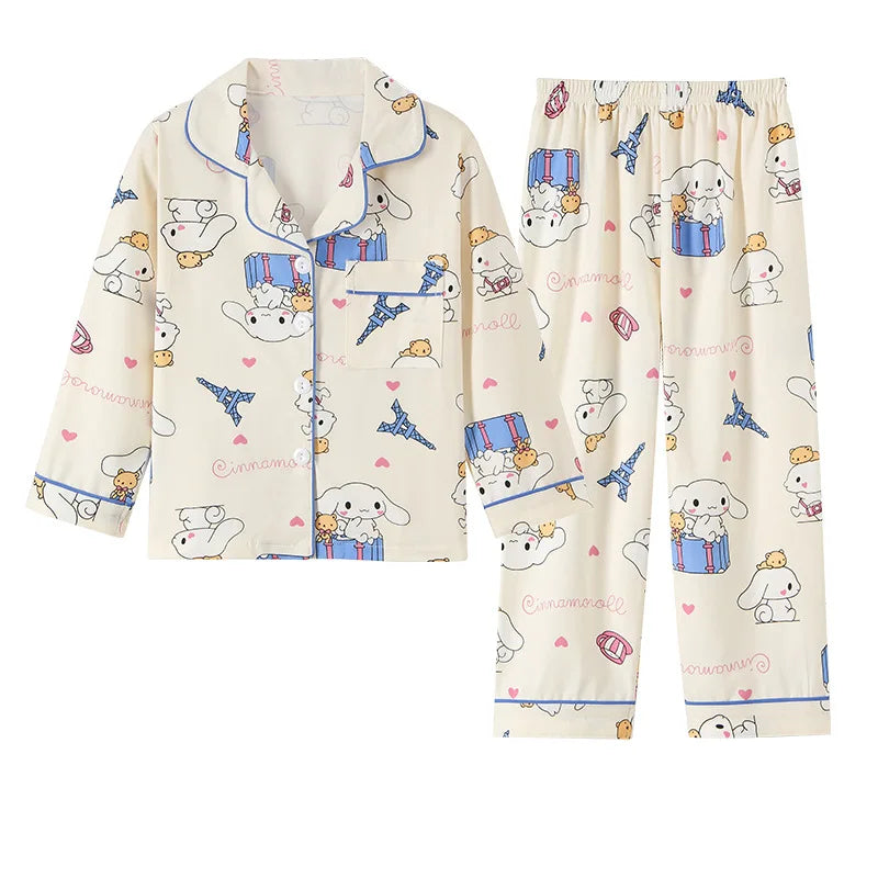 2pcs Kid's Cinnamoroll Pajamas Set - Long Sleeve Top & Pants, Kuromi Sanrio Print Loungewear for Girls