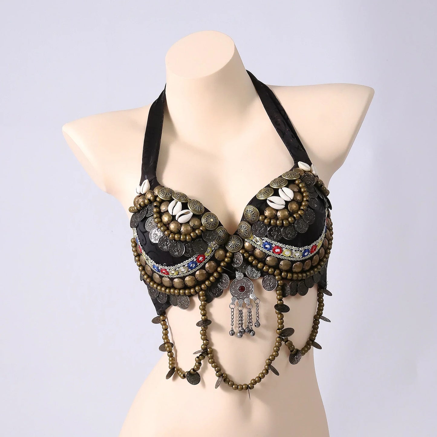 Vintage Gypsy Tribal Belly Dance Push-Up Bra – Wooden Beads Top with Turquoise Medallion
