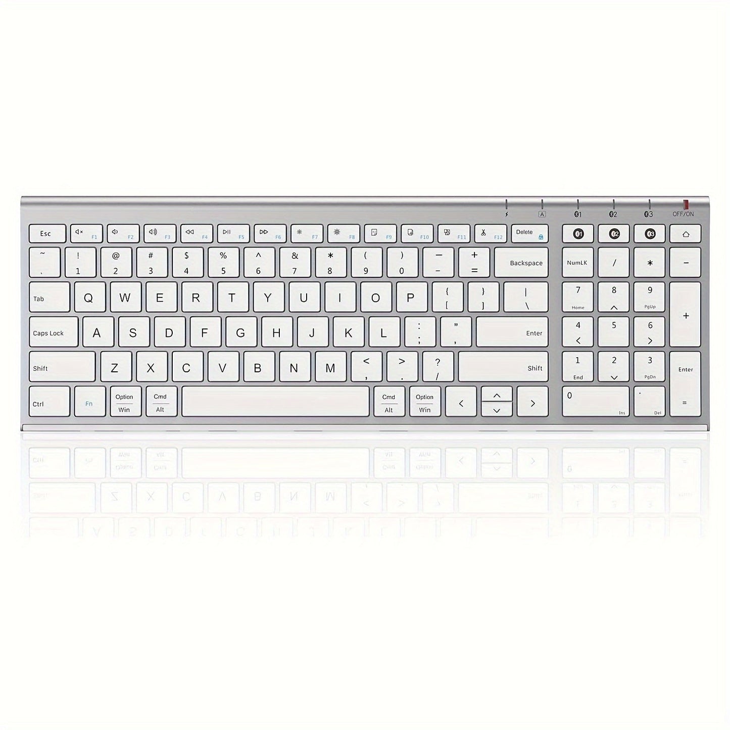 Multi-Device BT Keyboard - Slim, Rechargeable Wireless Keyboard with Number Pad, Switches Between 3 Devices, Compatible with Mac/iPad/Android/Windows - White and Silver