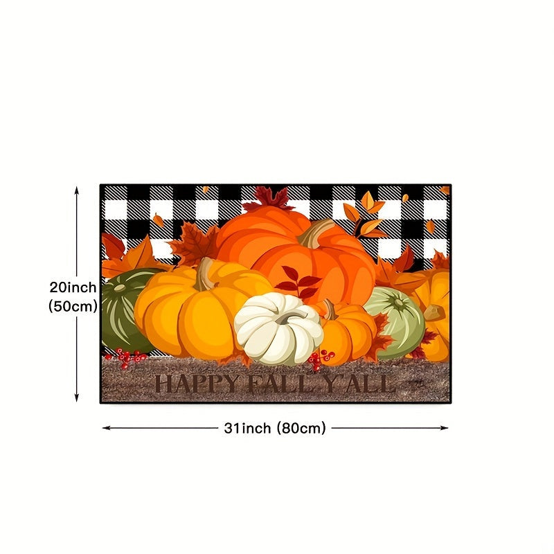 Autumn Pumpkin Print Floor Mat – Thanksgiving Harvest Carpet with Maple Leaf Grid, Anti-Fatigue, Anti-Skid and Washable for Kitchen, Dining Room, Office and Laundry Room