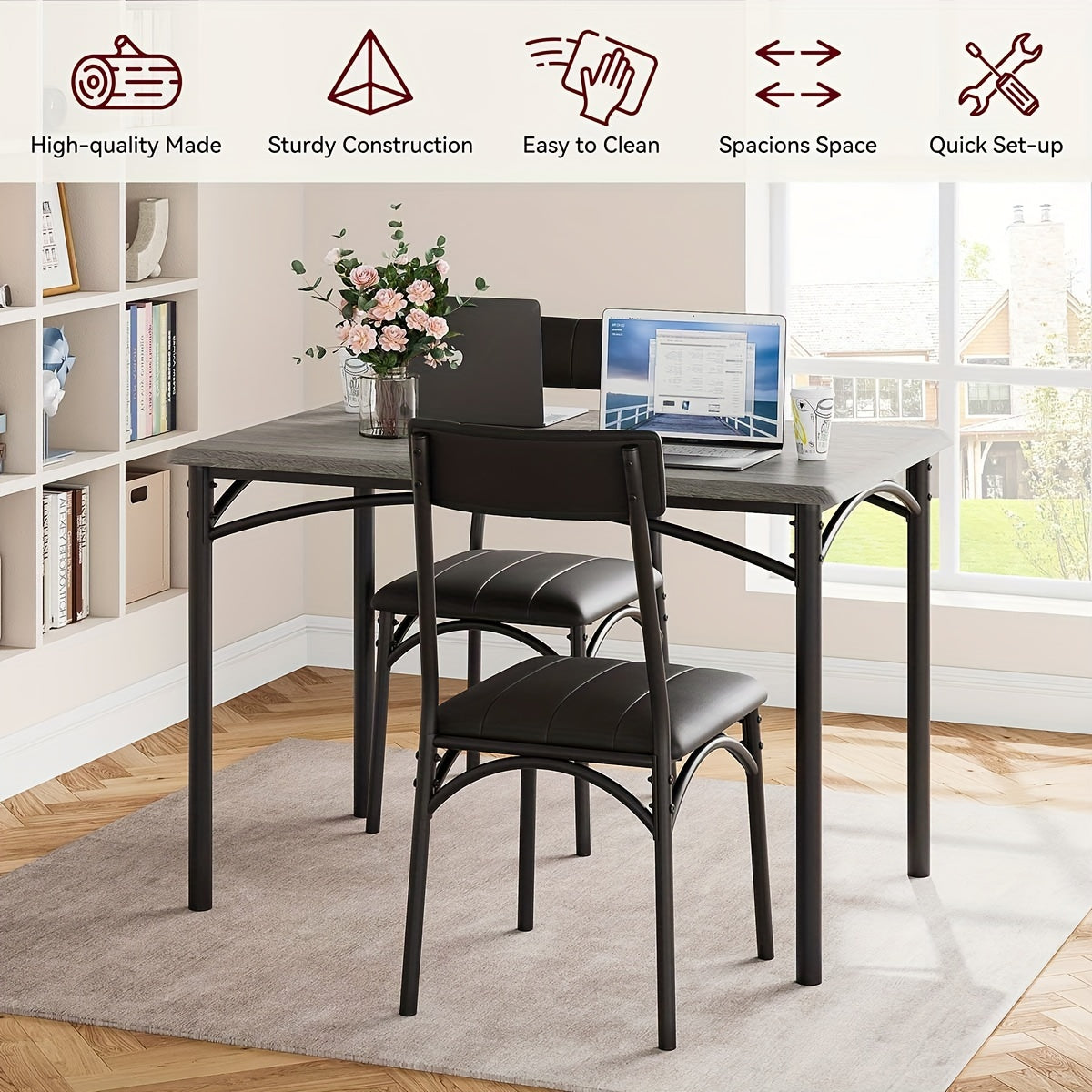 5 Piece Rectangular Dining Table Set with Upholstered Chairs for 4 - Modern Counter Height Dining Table and Chairs for Kitchen, Breakfast Nook, or Small Space - Brown