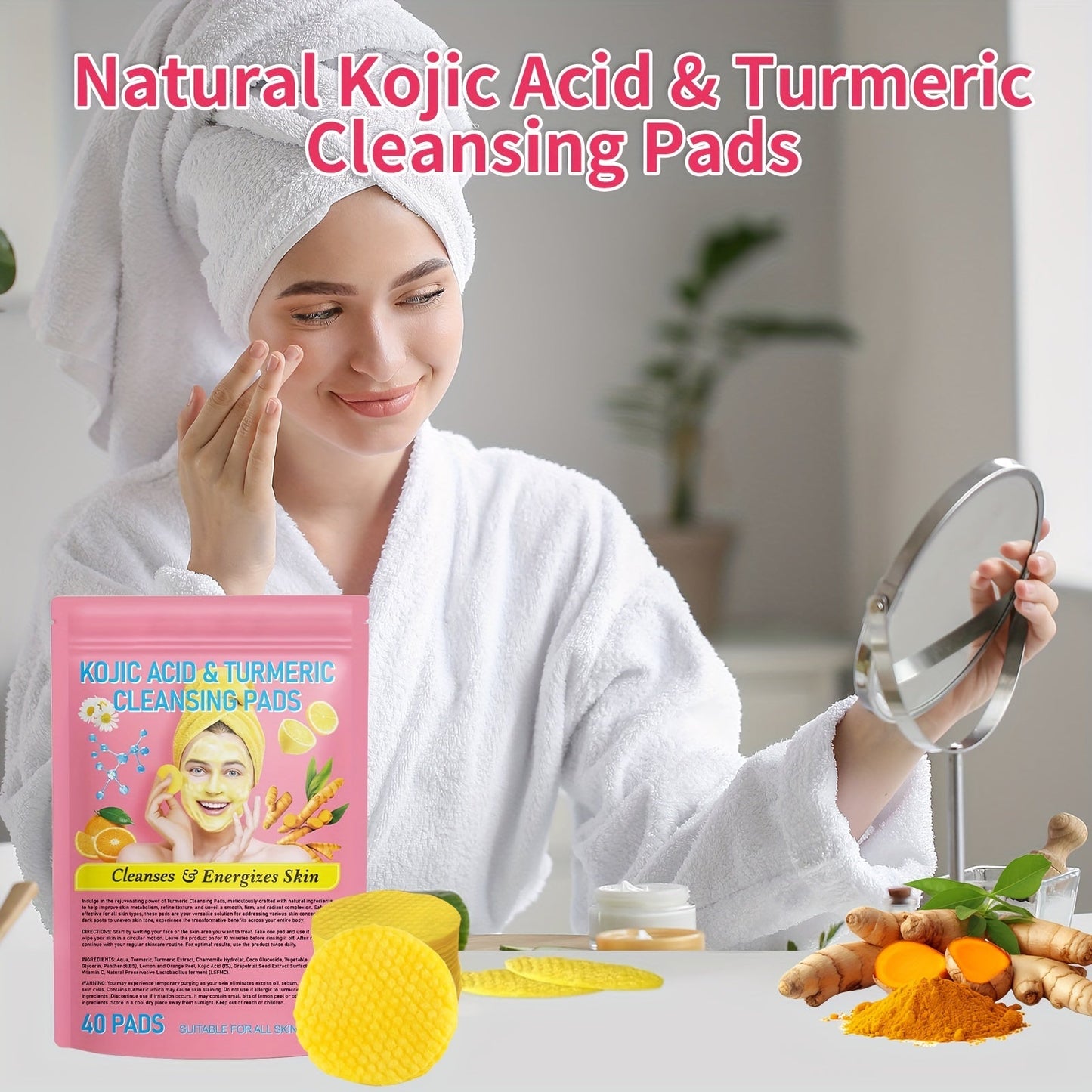 40 Pcs Natural Kojic Acid & Turmeric Cleansing Pads - Gentle, Non-Irritating, 100% Natural Ingredients | Deep Cleansing, Lemon Scented, Alcohol-Free, Suitable for All Skin Types and Genders
