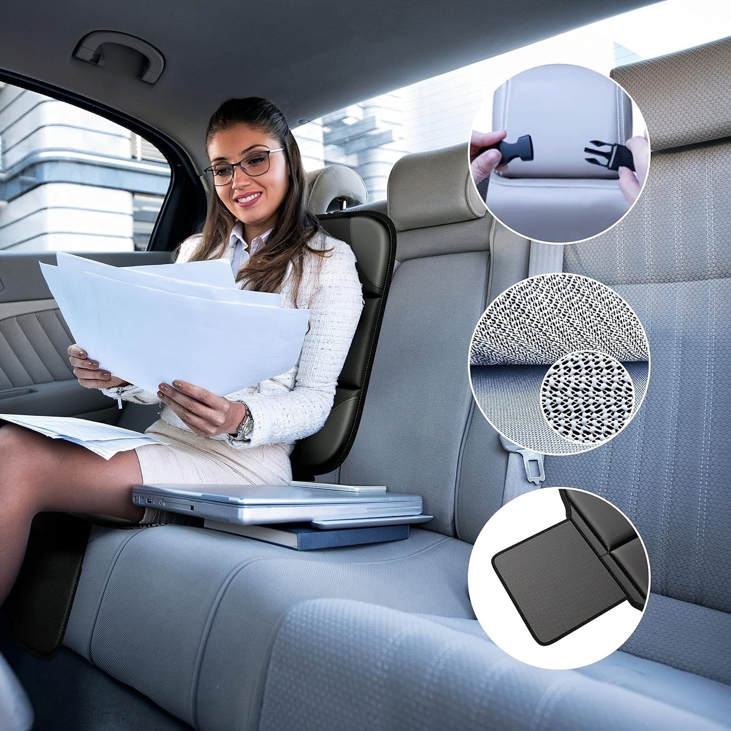 2 Piece Car Seat Protector - Waterproof 600D Fabric, Large Seat Cushion with Storage Pockets, Collision Test Approved