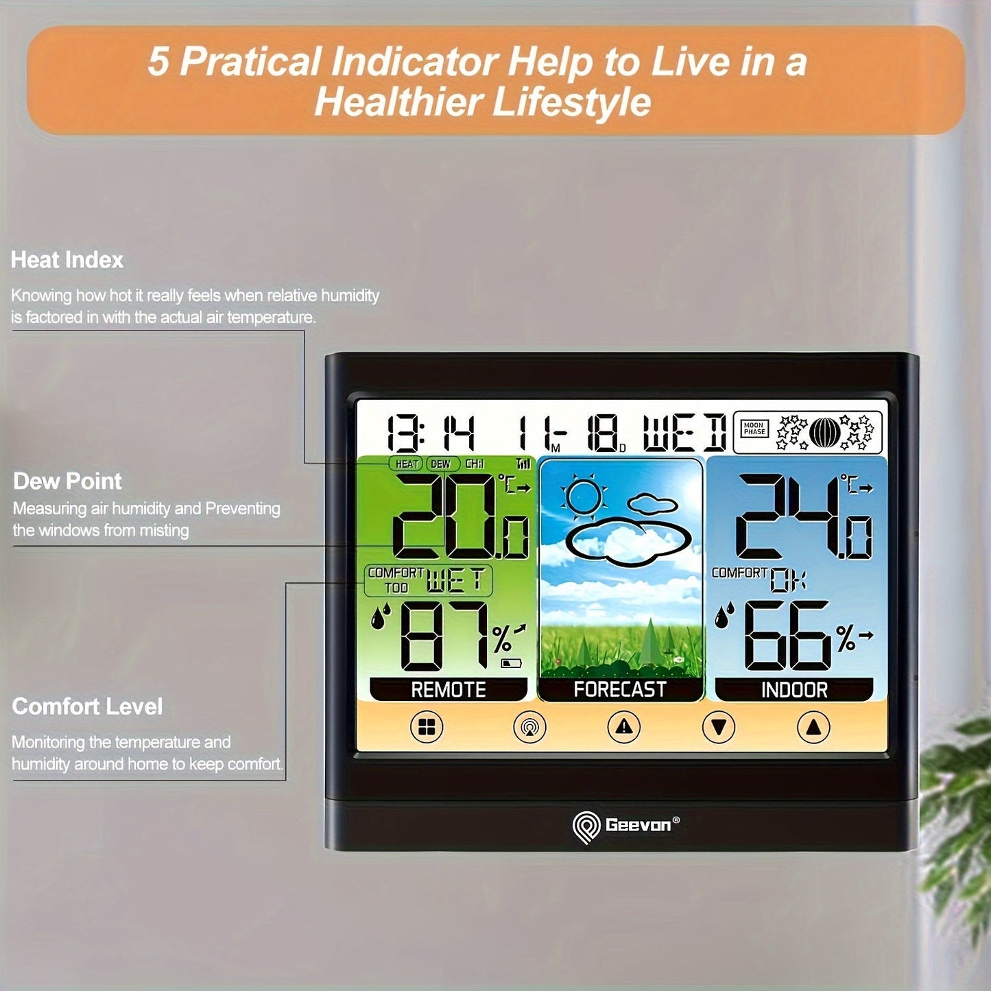 Wireless Weather Station Thermometer & Hygrometer – Indoor/Outdoor with Dew Point, Heat Index, LCD Display, Alarm Clock & Adjustable Backlight