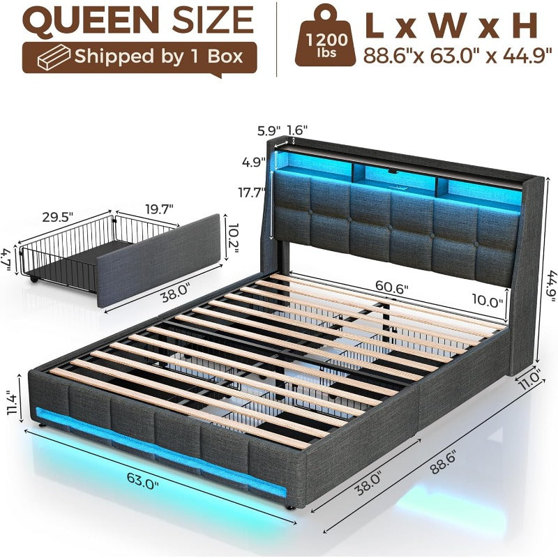 Twin Full Queen Bed Frame with LED Lighting and Charging Station - PU Leather/Neutral Linen Storage Headboard, Drawers, Heavy Duty Wood Slats, Easy Assembly - Modern Bedroom Furniture Upgrade