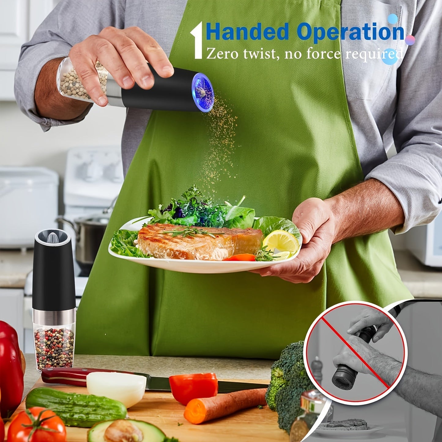 Gravity Electric Salt and Pepper Grinder Set: Battery-Powered with LED Light, One-Handed Automatic Operation, Adjustable Coarseness, Black - Kitchen Gadget Gift Idea