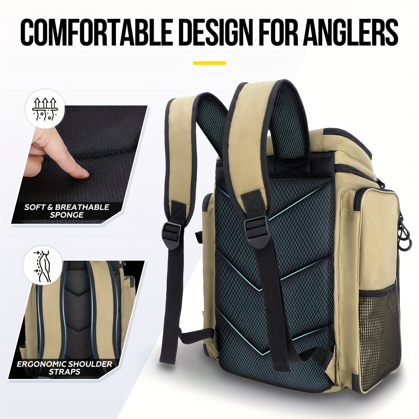 PLUSINNO Fishing Backpack – 42L Large Water-Resistant Tackle Bag with Rod Holders – Ideal for Fishing, Camping, Hiking – Great Fishing Gift for Men and Fathers, Khaki