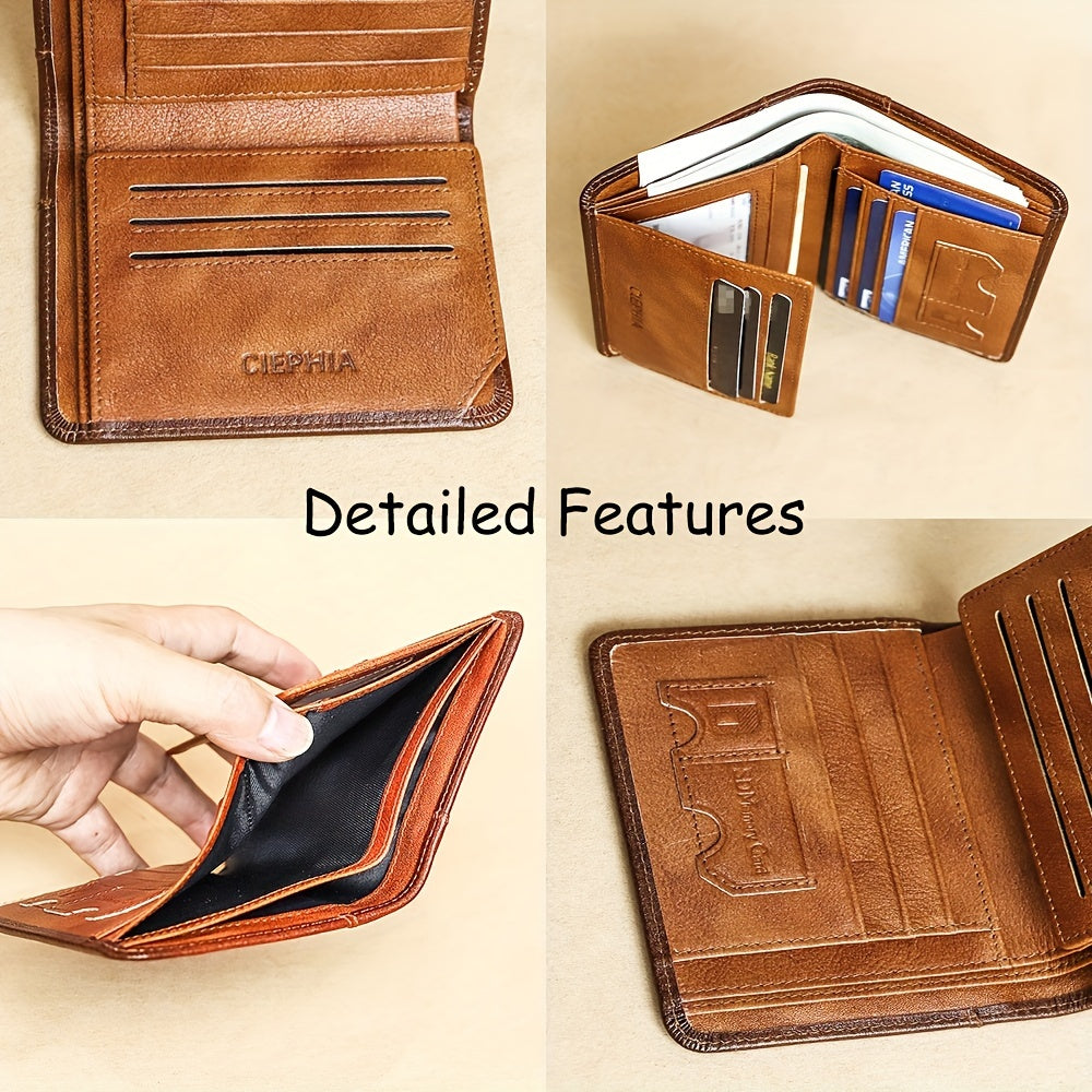 RFID Blocking Trifold Genuine Leather Wallet for Men – Vintage Cowhide, Multi-Function Credit Card Holder with Money Clip and 2 ID Windows