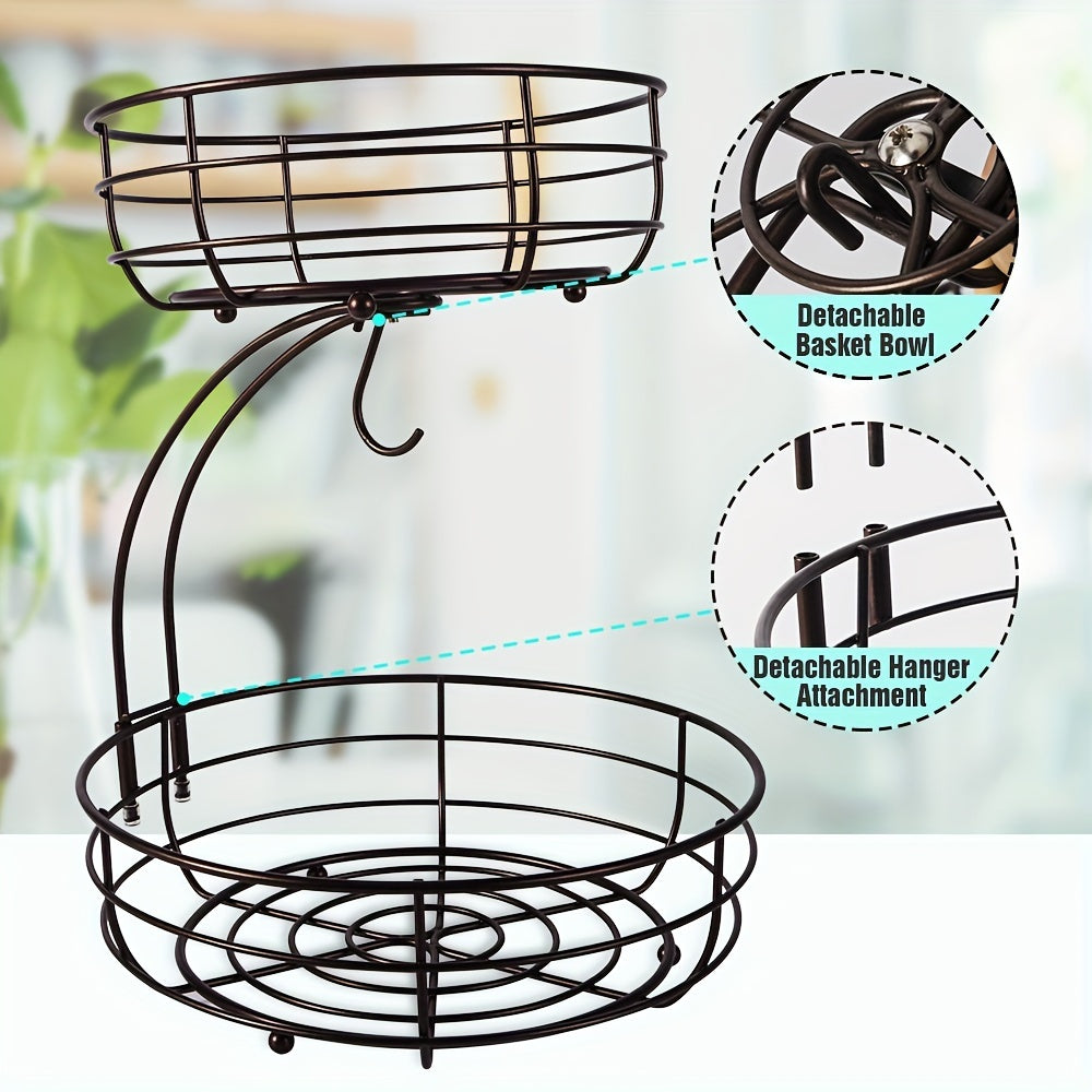 2 Tier Fruit Basket Bowl with Banana Hangers – Metal Wire Vegetable Storage Stand for Kitchen Counter, Fruits Organizer