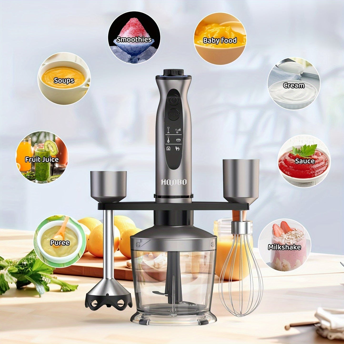 1000W Immersion Blender – Handheld, Powerful, Scratch-Resistant, Variable Speed and Turbo Mode, Low-Noise, Includes Beaker, Chopper, Whisk, Milk Frother
