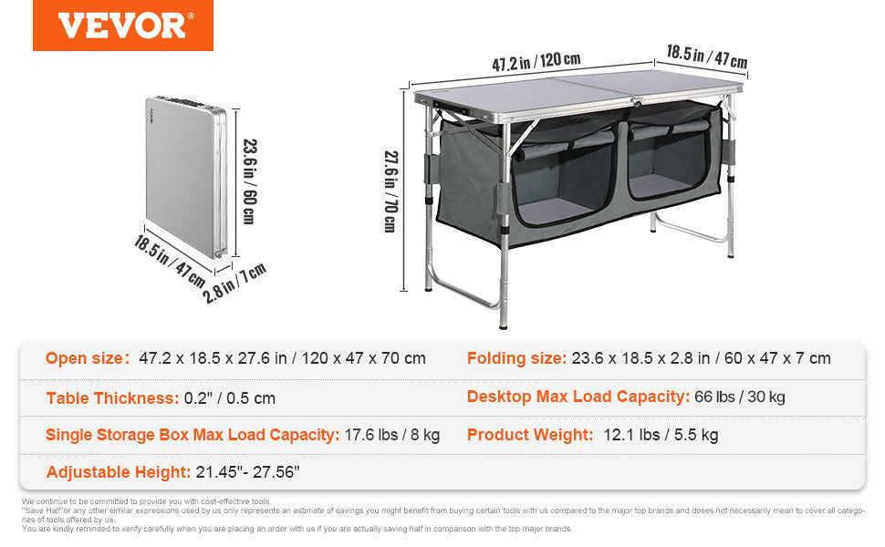 VEVOR Folding Camping Kitchen Table – Quick Set-Up MDF Table for Outdoor Picnic, BBQ, RV & Travel