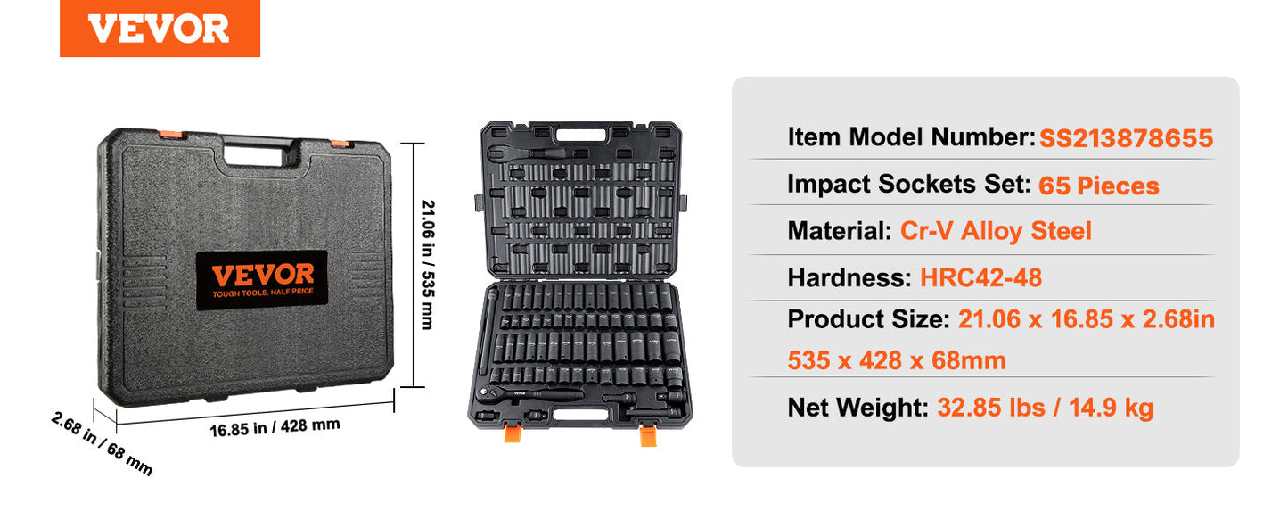 VEVOR 1/2" Drive Impact Socket Set – 6-Point Cr-V Alloy Steel for Auto Repair with Easy-to-Read Size Markings & Rugged Construction