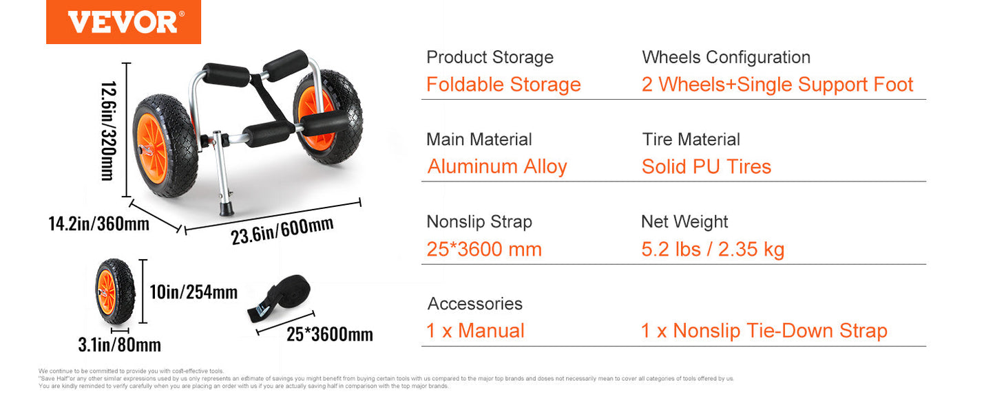 VEVOR Kayak Cart — 250lbs Foldable Canoe Trolley with 10" Tires & Support Foot for Paddleboards, Float Mats & Jon Boats