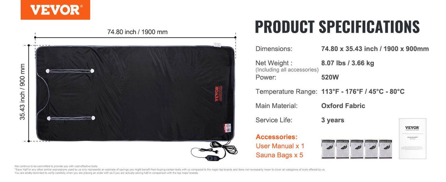 VEVOR Portable Sauna Blanket β Far Infrared Detox & Relaxation with Adjustable Temperature & Timer