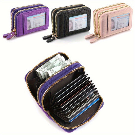 DEABOLAR Compact Dual Zipper Wallet - Large Capacity with Clear ID Window and Coin Purse, Black Faux Leather for Men and Women