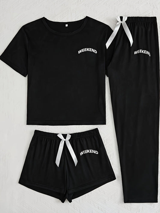 Women's 3-Piece Pajama Set – Simple Short Sleeve Sleepwear with 'WEEKEND' Print, Comfy Casual Loungewear