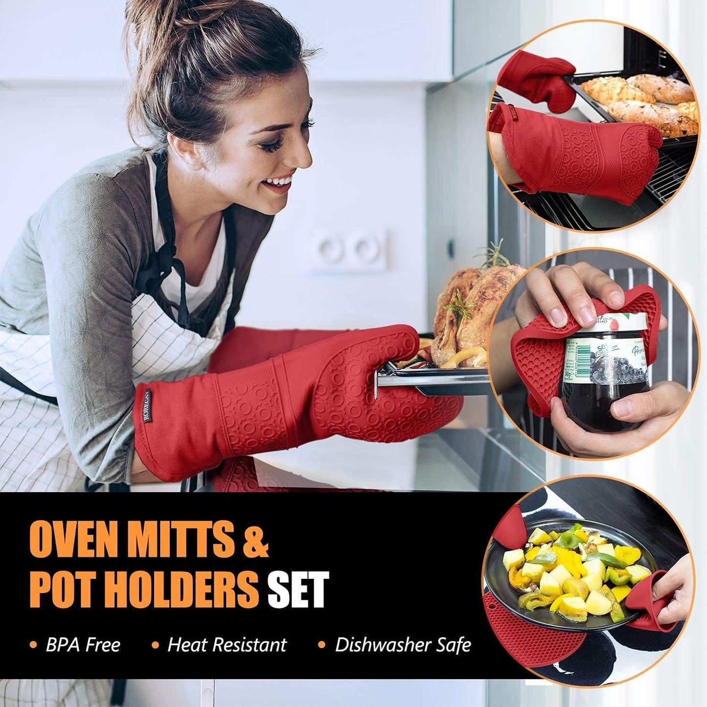 Premium Oven Mitts & Pot Holders Set - High Heat Resistant, Long, Non-Slip, Comfortable Grip - Essential Kitchen Tools for Home Cooks and Professionals