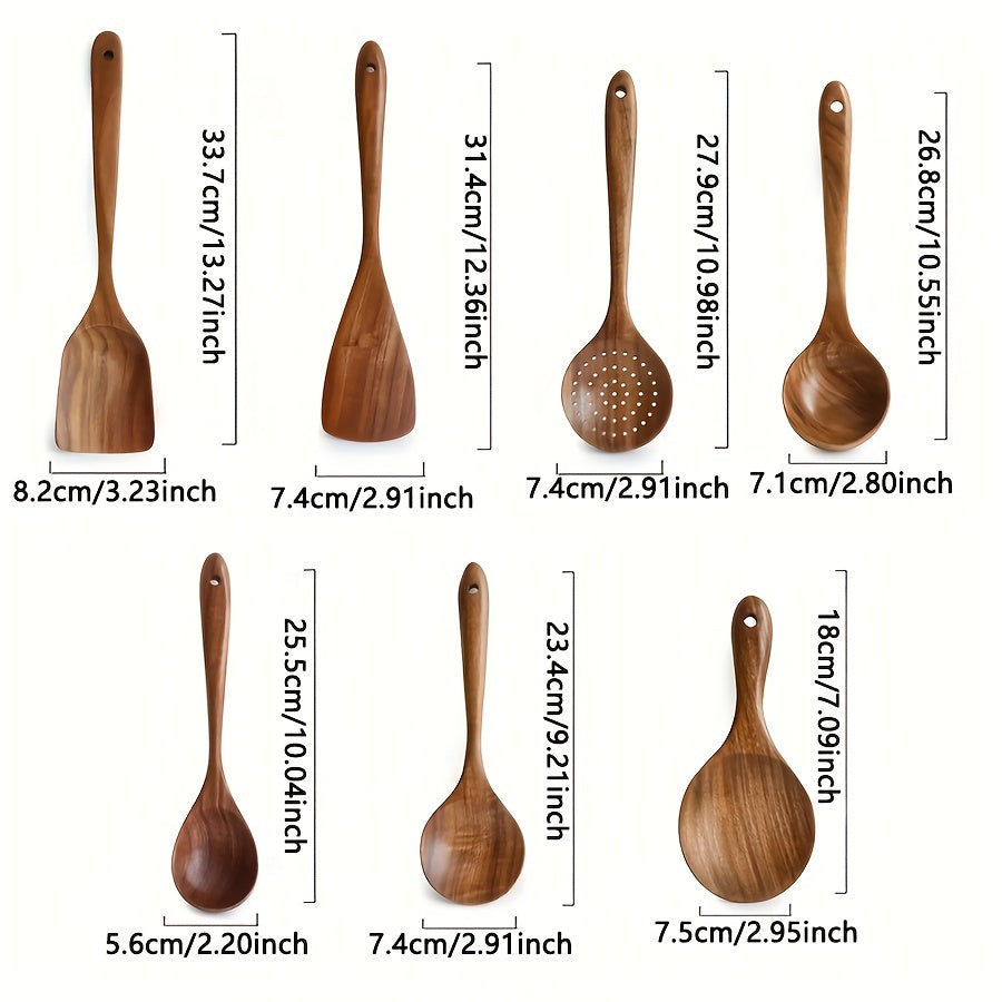 7pcs Premium Teak Wooden Cooking Spoons Set - Ergonomic Non-Stick Spatula with Soft Grip Handle - Perfect for Back to School, Kitchen Essentials, and Culinary Arts
