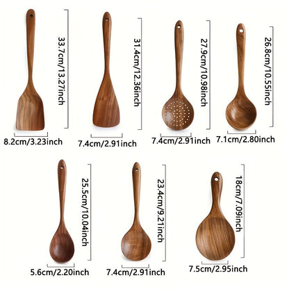 7pcs Premium Teak Wooden Cooking Spoons Set - Ergonomic Non-Stick Spatula with Soft Grip Handle - Perfect for Back to School, Kitchen Essentials, and Culinary Arts