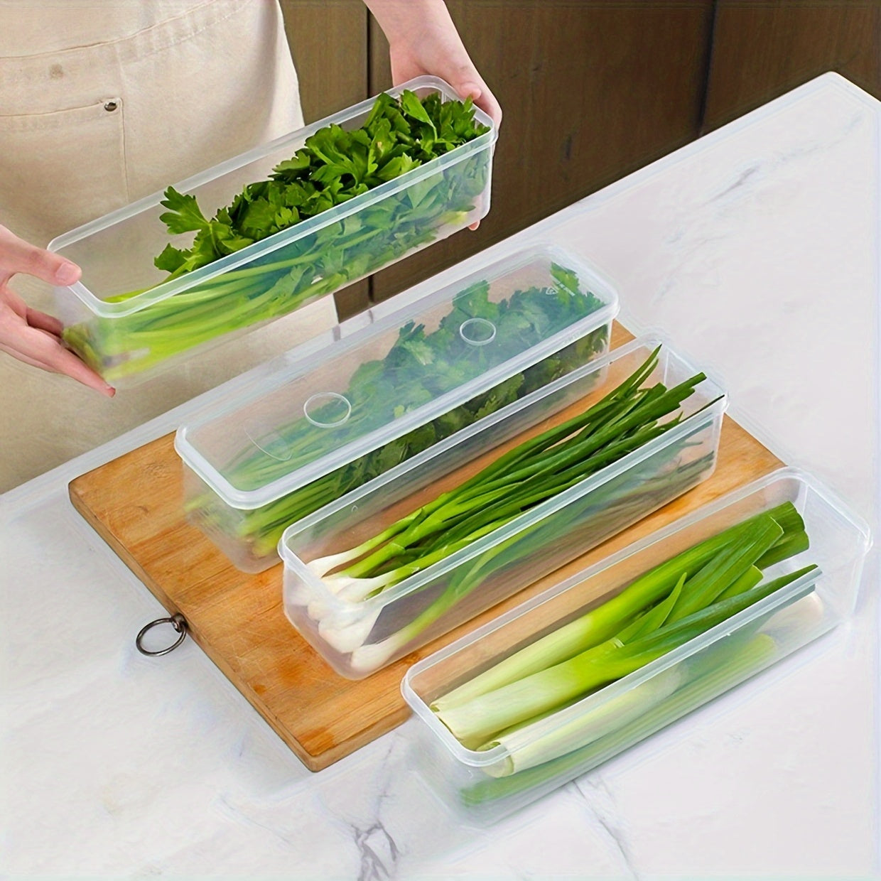 4 Pack Long Rectangular Food Storage Containers - Reusable Plastic Organizer Boxes with Lid for Scallions, Garlic, Noodles and More