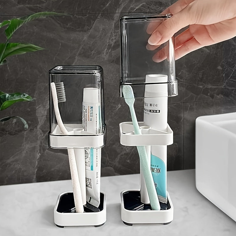 Toothbrush Holder Stand with Cover & Transparent Mouthwash Cup – Ideal for Bathrooms, Stores Toothpaste and Toothbrushes, Suitable for Home, Dormitory, School