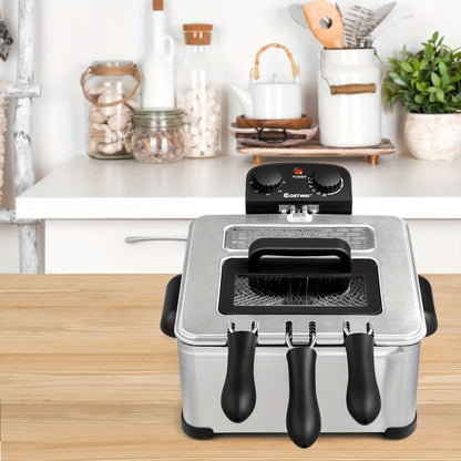 21-Cup Extra-Large Electric Deep Fryer - Stainless Steel Body, 1700W Power, Triple Basket for Easy Frying, Cooking, and Serving
