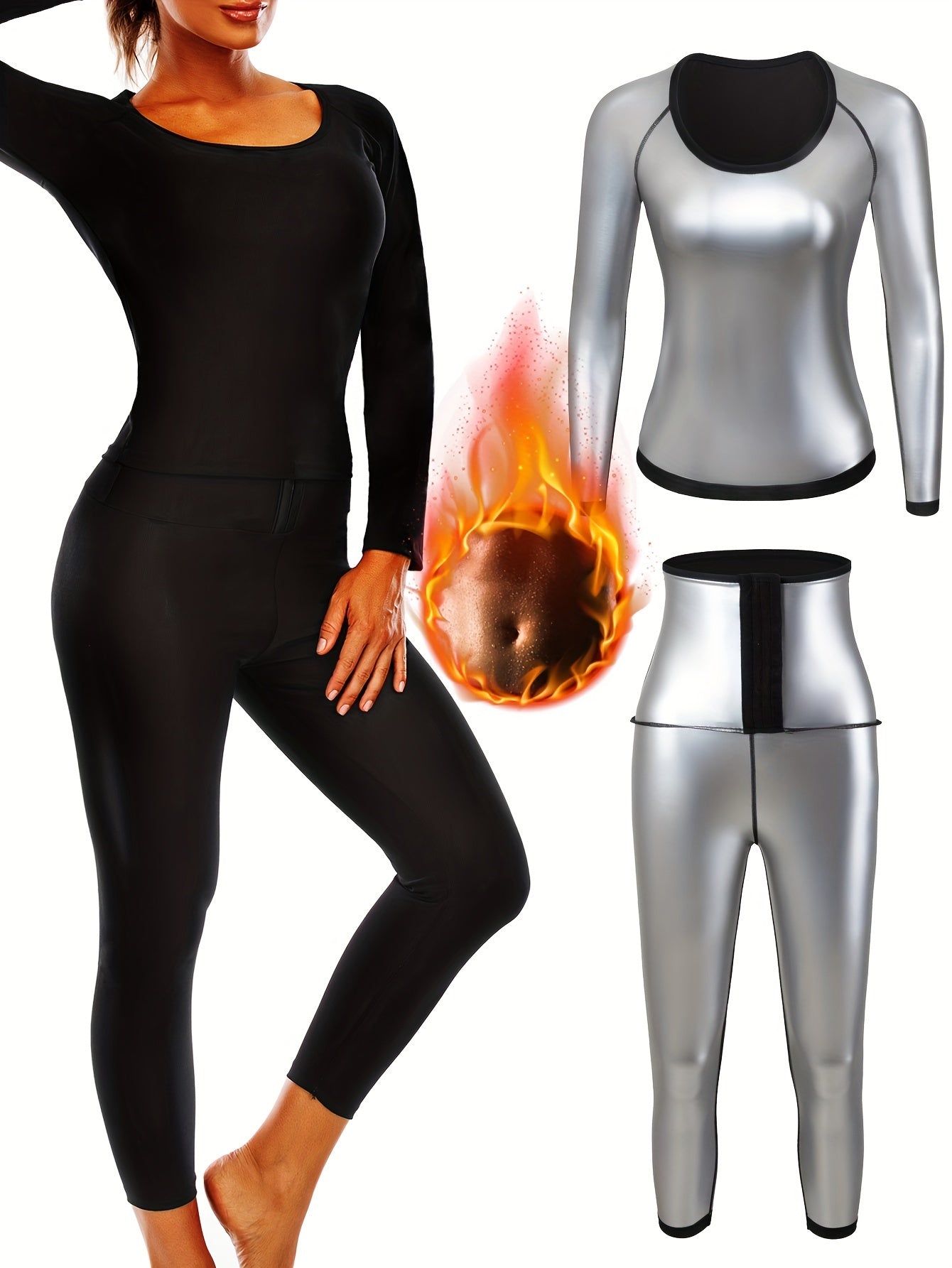 Women's Sauna Sweat Suit Set – Heat-Trapping Long Sleeve Shirt and Leggings, High Waist Fitness Yoga Gear for Fall and Winter