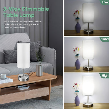Set of 2 Touch Control Table Lamps with USB Ports and AC Outlet – 3 Way Dimmable Bedside Lamps with White Fabric Shade for Bedroom and Living Room, A19 LED Bulbs Included
