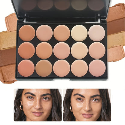 2pcs Set: 15-Shade Concealer Palette with Brush – Waterproof & Sweatproof, Full Coverage for Acne and Tattoos, Moisturizing Long-Lasting Face Makeup